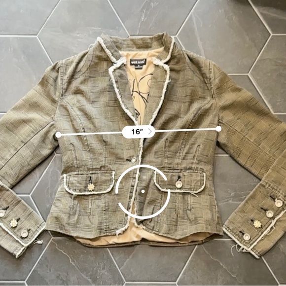 VTG Y2K 2000s Brown Plaid Raw Edge Blazer Button Suit Jacket - Picture 7 of 9